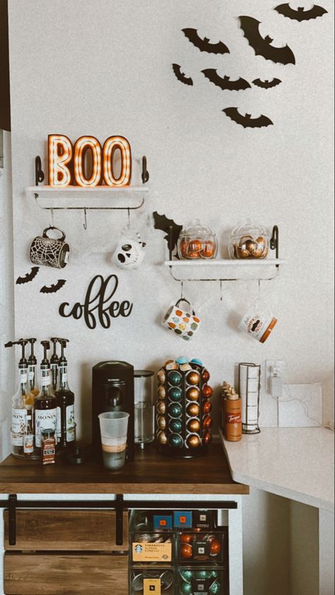 Seasonal Coffee Bar Decor, Coffee Bar Halloween, Monin Coffee Bar, Nespresso Bar Set Up, Nespresso Bar, Nespresso Coffee Bar, Halloween Coffee Bar Ideas, Coffee Bar Organization, Spooky Coffee Bar Ideas