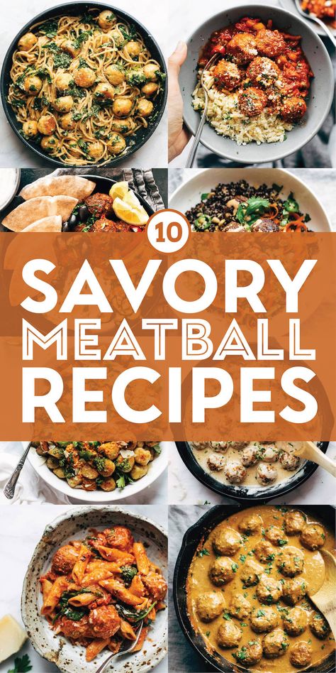 10 Savory Meatball Recipes! Who doesn't love a good meatball, yah? Available for snacking on right out of the pan, tossing into an amazing sauce, or as the perfect complement to any carby side, you really can't go wrong. They're easy, yummy, great for meal prep or feeding a hungry bunch. There are so many ways to meatball and here are some that we really love, including a delicious vegetarian option or two! #meatballs #dinner #recipe Savory Meatball Recipes, Meatball Dinner Ideas, Pork Meatballs Recipe, Meatball Dinner Recipes, Meatballs Dinner, Healthy Meatballs, Baked Chicken Meatballs, Meatball Dishes, Savory Meatballs