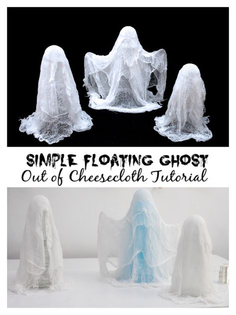 Halloween Crafts: DIY Simple Floating Ghost Out of Cheesecloth Tutorial Diy Floating Halloween Decorations, Mesh Ghost Diy, Ghost Body Base, Balloon Ghosts Diy, How To Make Starch Ghosts, Floating Ghosts Cheesecloth, Tulle Ghost, Cheesecloth Ghost Diy, Floating Pumpkins