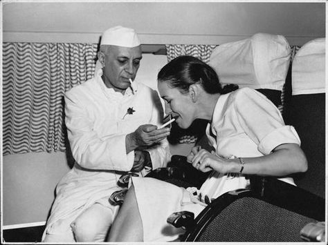 Prime Minister Nehru with Mrs. Simon, the wife of the British Deputy High Commissioner, on board the first BOAC flight in India. Photos cour... Historical India, Jawaharlal Nehru, Indian History Facts, Vintage India, History Of India, Rare Images, Photographs Of People, Rare Pictures, Indian History