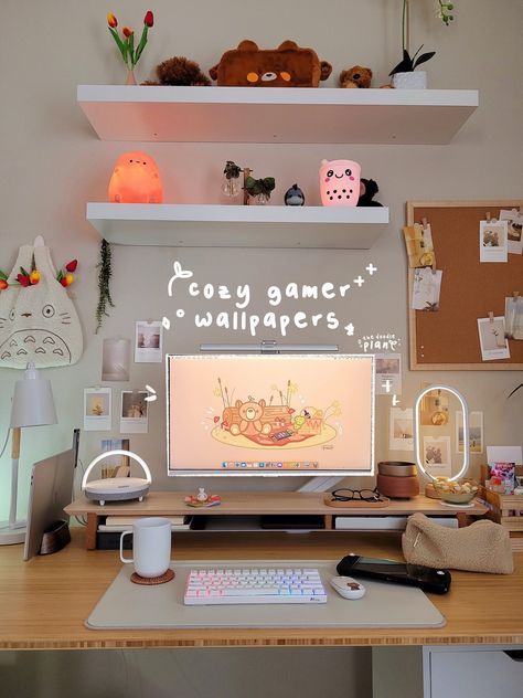 Desk Layout, Cozy Gamer, Home Decor Ideas Bedroom, Cozy Desk, Study Desk Decor, Cozy Home Office, Gamer Room Decor, Desk Inspiration, Office Room Decor