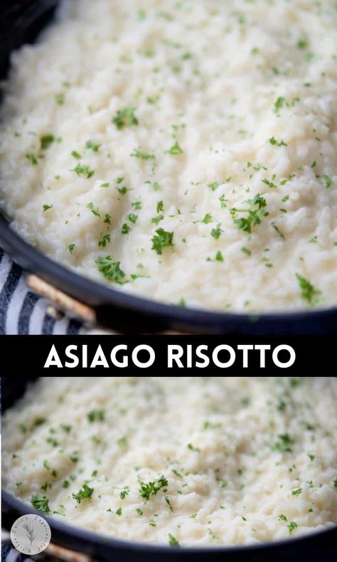 Fancy Risotto Recipes, How To Cook Risotto Rice, Authentic Italian Risotto Recipes, Risotto Side Dish, Asiago Recipes, Asiago Risotto, Cooking Risotto, Spinach Risotto, Rice Risotto