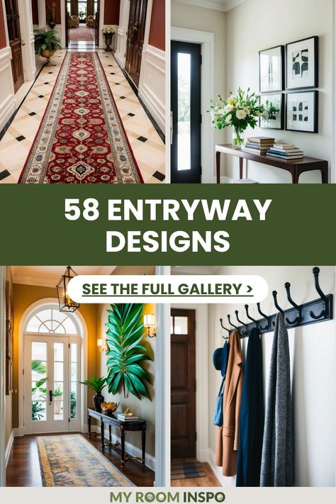 Explore 58 stylish entryway designs to transform your home. These four images display various looks, from cozy and inviting to elegant and modern, focusing on creating a beautiful first impression. Owners Entry Ideas, Entryway Ideas Black And White, Modern House Entrance Interior Entryway, Long Entry Hallway Ideas Modern, Entryway Layout Ideas, Formal Foyer Ideas Entryway, Wide Foyer Ideas Entryway, Office Entryway Ideas, Front Door Entryway Ideas Interior