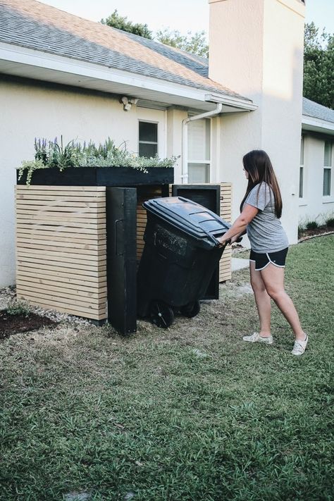 DIY Modern AC Unit Cover and Trash Can Storage - Within the Grove Hvac Unit Cover, Dog Landscaping, Aj Johnson, Outdoor Garbage Storage, Trash Can Storage Outdoor, Hide Trash Cans, Ac Unit Cover, Garbage Can Storage, Trash Can Storage