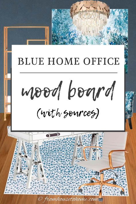 | My Home Office Blue And White Office Ideas, Blue And White Home Office, Blue And White Office, Home Office Mood Board, White Office Ideas, Office Mood Board, Blue Home Offices, Leopard Print Rug, Diy Large Wall Art