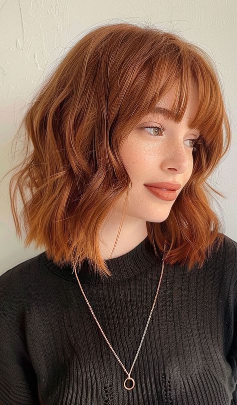 Fiery Red Bob with Soft Waves Copper Hair With Fringe, Short Red Hairstyle Women, Soft Bob With Bangs, Red Head Bob Haircut, Red Short Hair With Bangs, Bob With Bangs Red Hair, Red Bob Hair With Bangs, Dyed Bob Hair, Short Hair Copper