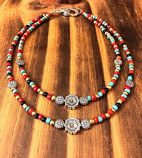 Double Necklace With Flower Spacer - Etsy Hippie Jewelry Rings, Dragonfly Bracelet, Diy Collier, Double Necklace, Wood Bead Bracelet, Floating Necklace, Beaded Necklace Diy, Handmade Beaded Necklaces, Hippie Necklace