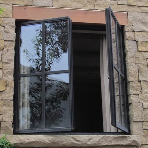 Jada Windows thermally broken steel casement windows. #JadaSteelWindows Casement Windows Exterior, French Casement Windows, Grass Valley California, Small Dream Homes, Framed Windows, Metal Window Frames, Stone Cabin, Steel Doors And Windows, Window Reveal