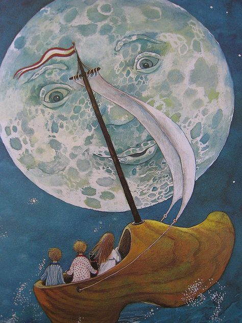 :: Sweet Illustrated Storytime :: Illustration by Eugene Field :: Wynken, Blynken, and Nod Moon Art Illustration, Wooden Shoe, Incubus, Sun Moon Stars, Good Night Moon, Sun And Stars, Beautiful Moon, Love Is, Moon Magic