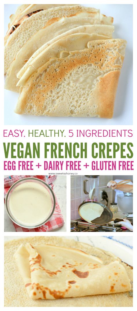 Vegan crepe recipe, easy, healthy egg free crepe without milk. #vegan #glutenfree #crepes #healthy Egg Free Gf Breakfast, Crepe Recipe Vegan, Vegan Crepe Recipe, Crepes Without Milk, Egg Free Crepes Recipe, Crepe Recipe Without Eggs, Egg Free Crepes, Crepe Recipe Without Milk, Dairy And Egg Free Recipes