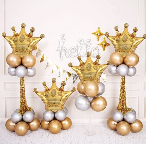 Balloon Arch With Crown, Crown Balloon, Crown Balloon Centerpieces, Golden Baloon Decorations, Princess Balloon Decorations, Gold Chrome Balloons, Princess Balloon Column, Royal Gold Party Crown, Balloon Birthday Themes