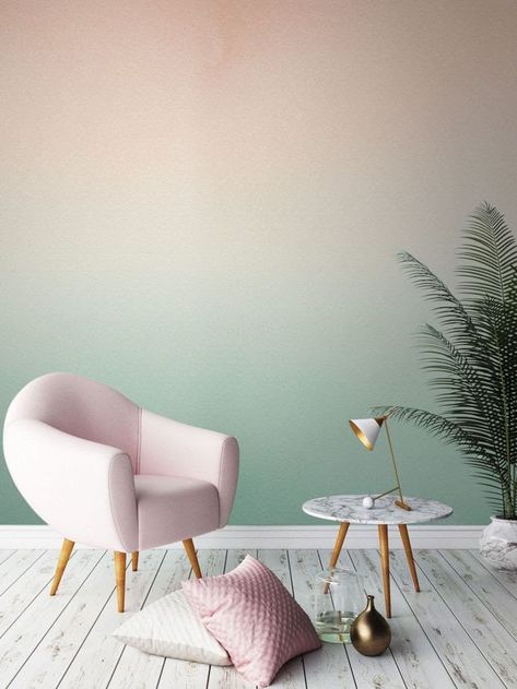 Peach dip-dyed ombre wall mural by Murals Wallpaper Ruangan Studio, Wallpaper House Design, Pink Accent Walls, Minimalist Dekor, Design Desks, Pastel Interior, Ombre Wall, Wall Paint Designs, Design Del Prodotto