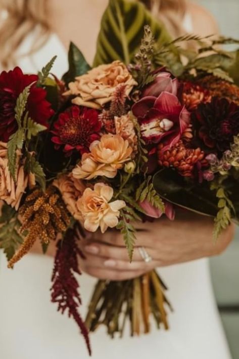 tropical fall bridal bouquet with dark moody blooms and dark tropical greenery Terra Cotta Wedding, Tropical Bridal Bouquet, Fall Bridal Bouquet, Dark Tropical, Tropical Greenery, Tropical Bridal, Bridal Bouquet Fall, Wedding Florals, Bridal Bouquet