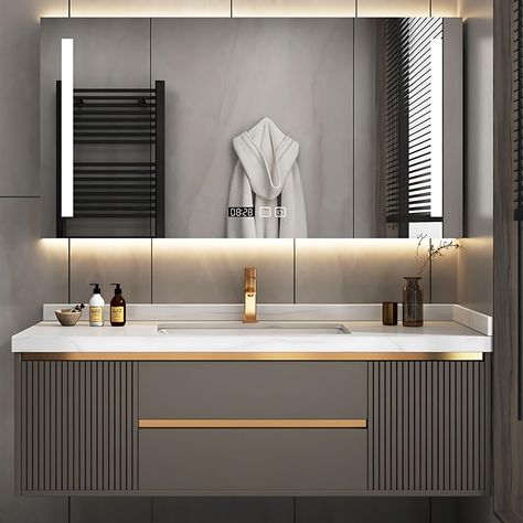 PRICES MAY VARY. Modern design: This bathroom vanity carefully crafted by the designer uses an overall brown tone with golden lines. The overall texture is more fashionable and luxurious, and is suitable for matching any bathroom space with any decoration style. LED smart mirror: The upper part of the bathroom vanity adopts an LED smart mirror cabinet design. The advanced electric heating technology behind the mirror can remove it in an instant. The water mist after bathing is illuminated by sof Mirror Sink Ideas, Luxe Bathroom Vanity, Luxury Vanity Bathroom, Vanity Area In Bathroom, Bathroom Sink Cabinet Ideas Modern, Bathroom Vanity With Grey Floor, Washbasin Area Design, Vanity Ideas Bathroom Modern Luxury, Modern Powder Rooms Luxury