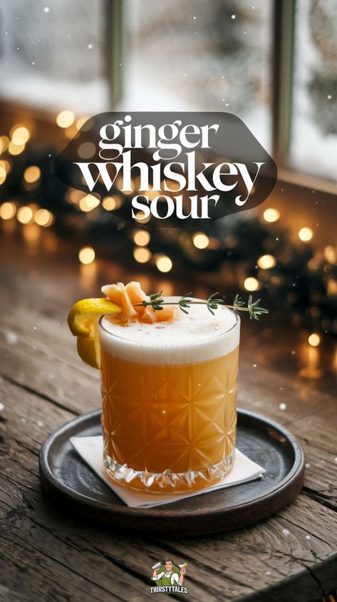 "Discover the perfect Ginger Whiskey Sour Cocktail Recipe that adds a spicy twist to the classic Whiskey Sour. This refreshing drink combines smooth whiskey with zesty ginger for a unique flavor experience. Ideal for cocktail enthusiasts, this Whiskey Sour Recipe is a must-try! Explore more Cocktail Recipes Whiskey and elevate your mixology skills with this delightful Whiskey Cocktail. Perfect for any occasion, this Whiskey Sour will tantalize your taste buds and impress your guests.!" Whiskey Ginger Beer Cocktail, Whiskey Sour Christmas, Christmas Whiskey Sour, Rumhaven Cocktails, Smoked Whiskey Cocktails, Christmas Beverages Alcoholic, Whiskey Sour Punch, Holiday Drinks For Adults, Christmas Party Drinks Alcohol