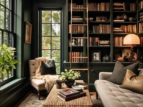 Cozy Library Aesthetic, Moody Library, Academia Interior, Dream Home Library, Home Library Ideas, Cozy Home Library, Library Rooms, Home Library Rooms, Library Living Room