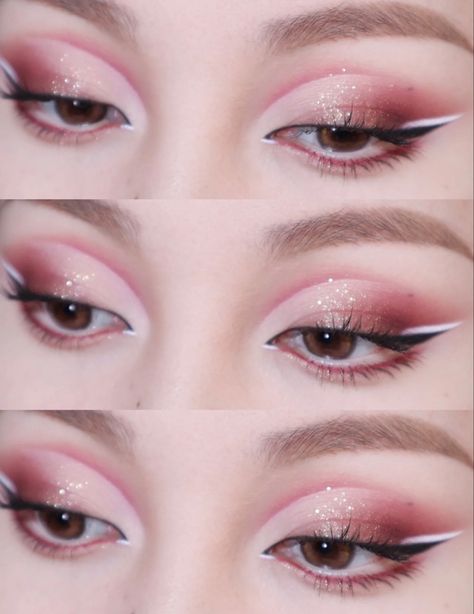 Pretty Pink Makeup Looks, Pink Gem Eye Makeup, White And Pink Eyeliner, Make Up Pink Natural, Pink Valentine’s Day Makeup, Pink Makeup For Prom, Hooded Eyeshadow Looks, Makeup Art Simple, Pink And White Eyeshadow