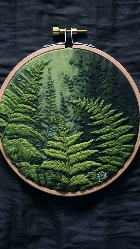 Creative Textiles Ideas, Embroidery Green Fabric, Embroidery Designs Plants, Hand Embroidery Art Design, Cool Embroidery Patterns, Green Embroidery Design, Forest Embroidery Designs, Home Decor Embroidery Ideas, Nature Embroidery Patterns