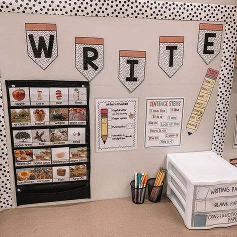 Classroom Stations Setup, Reading Center In Classroom, Manipulative Organization Storage Ideas, Kindergarten Classroom Setup Centers, Fun Centers For Kindergarten, Writing Center Set Up Kindergarten, Writing Center For Preschool, Preschool Writing Center Set Up Ideas, Kindergarten Center Set Up