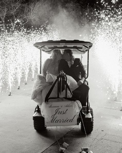 A little rain couldn’t stop the Artnaks from getting married! A little birdy told us rain on your wedding day is actually good luck. 🍀🤞🏽☔️ •⁠ •⁠ Wed Society | Austin FEATURED vendors:⁠ Venue: @villa_antonia⁠ Planner: @ashleynicoleaffair⁠ Invites: @pinkchampagnedesigns ⁠ Rentals: @premiereeventstx⁠ Cake: @michellespatisserie⁠ •⁠ •⁠ // Photo: @mainsqueezephotography⁠ •⁠ •⁠ Other Vendors:⁠ @thelittleweddingband @fleuraffairco @bigdogpyro @austincatering @lolabeautyatx⁠ #wswedding #venue #wedding... Golf Cart Getaway Wedding, Golf Cart Wedding Exit, Just Married Golf Cart, Just Married Cans, Wedding Getaway Car, Villa Antonia, Getaway Wedding, Just Married Sign, 30a Wedding