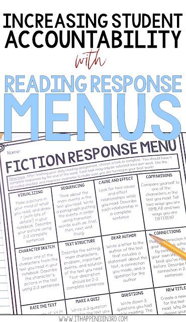 Reading Menus For 3rd Grade, Reading Accountability, Nonfiction Reading Response, Student Accountability, Reading Response Journals, Reading Homework, Reading Response Activities, 6th Grade Reading, Choice Boards