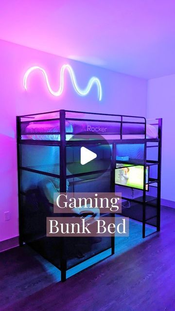 Bunk Bed Gaming Room, Bunk Beds With Gaming Area, Bunk Bed Gaming Setup, Small Gaming Bedroom Ideas, Led Light Bunk Bed, Cool Gaming Rooms Night Lights, Twin Sized Bed, Built In Tv, Bed With Led Lights