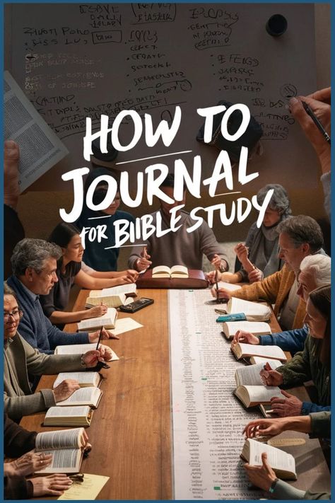 Group studying the Bible at a table covered with open books and handwritten notes on the wall, with text "How to Journal for Bible Study". Bible Study Techniques, God Notes Bible Studies Aesthetic, How To Start Bible Studying, Journaling Start, Revelation Bible Study, Journaling Techniques, How To Journal, Bible Journaling Supplies, Revelation Bible