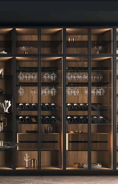 Wine Cellar Wall, Wine Storage Wall, Wine Room Design, Crockery Cabinet, Metal Cabinets, Home Bar Cabinet, Wine Closet, Modern Home Bar, Home Bar Rooms