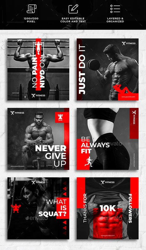 12 Fitness Gym Social Templates - Square PSD. So amazing and eyecatching for Fitness Gym branding and marketing. You only need to edit texts and put your own photos. #gymdesign #gymmarketing #gymbusiness #fitnessbusiness #gym #fitness #design #fitnessequipment #gymequipment #crossfit #workout #fitnessindustry #gymfranchise #fitnessaddict Gym Marketing Ideas Social Media, Gym Post Design, Fitness Social Media Design, Fitness Brand Design, Gym Poster Design Creative, Gym Content Ideas, Gym Template Design, Gym Social Media Design, Gym Branding Design