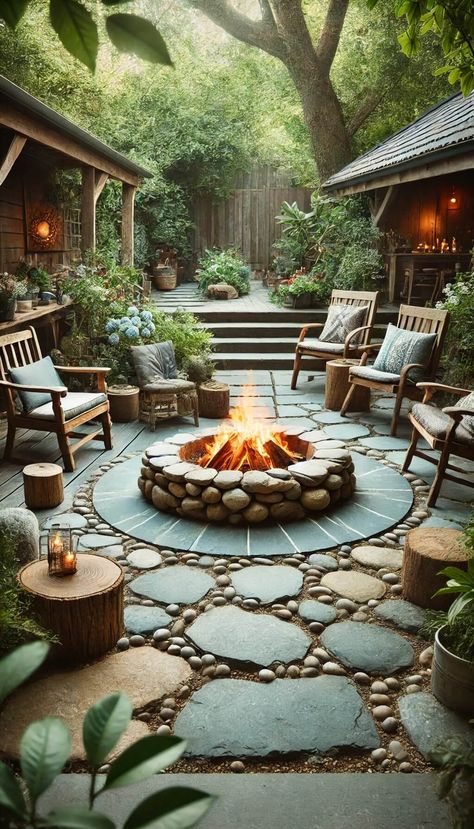 15 Stunning Rustic Fire Pit Ideas to Cozy Up Your Backyard 20 Firepits Backyard Diy, Rustic Fire Pit Ideas, Mountain Deck, Patio Fire Pit Ideas, Glamping Retreat, Rustic Fire Pit, Backyard Zen, Sauna Ideas, Exterior Landscaping