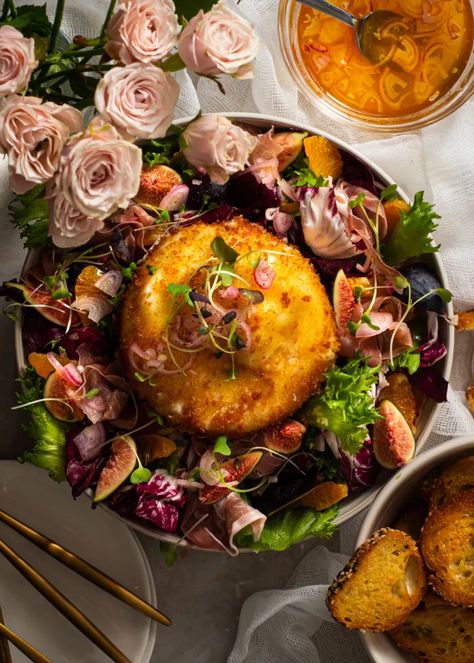 Fried Burrata Salad with White Balsamic Dressing - Rhubarb & Cod Fried Burrata, White Balsamic Dressing, Balsamic Dressing Recipe, White Balsamic Vinaigrette, Winter Salads, Radicchio Salad, Burrata Salad, White Balsamic, Cilantro Dressing