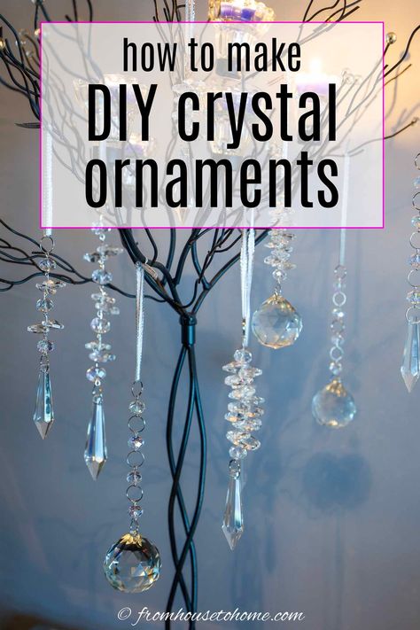 These crystal DIY Christmas ornaments are a beautiful way to add some sparkle to your Christmas tree decorations. They're easy to make and look beautiful on a flocked Christmas tree. #fromhousetohome #christmas #ornaments #diyproject Christmas Crystal Decorations, Christmas Tree With Crystal Ornaments, Crystal Ornaments Christmas Tree, Crystal Christmas Tree Decorations, Christmas Tree Diy Make Your Own, Crystal Suncatchers Diy Craft Ideas, How To Make Christmas Ornaments, Crystal Tree Diy, Diy Vintage Ornaments