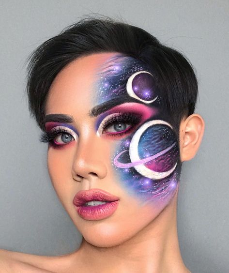 💫🔮💙💜 Universe 💜💙🔮💫﻿ I did a galaxy look before but i not really like it ﻿ So this is the upgrade version of that 💫✨⭐️﻿ Hope u guys love it… Bout Makeup, Makeup Yeux, Cosmic Makeup, Sky Makeup, Unconventional Makeup, Space Makeup, Galaxy Makeup, Face Paint Makeup, Face Art Makeup