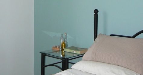 We painted a wall in the bedroom too! After - Dulux Duck Egg Blue We had to as it had a big tan-ish test colour patch on it as ... Cream White Room, In The Bedroom, White Room, Duck Egg Blue, Duck Egg, The Bedroom, Wall Paint, Feature Wall, Shades Of Blue