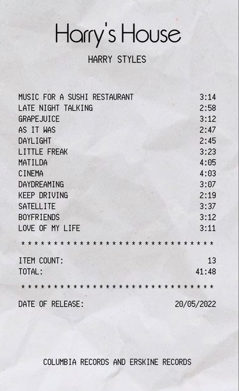 Harry’s House’s album receipt Harry’s House Album Poster, Am Receipt, Harrys House Song List, Harry Styles Album Receipt, Harry Styles Receipt Poster, Harrys House Receipt, Receipt Song List, Fine Line Receipt, Receipt Phone Case