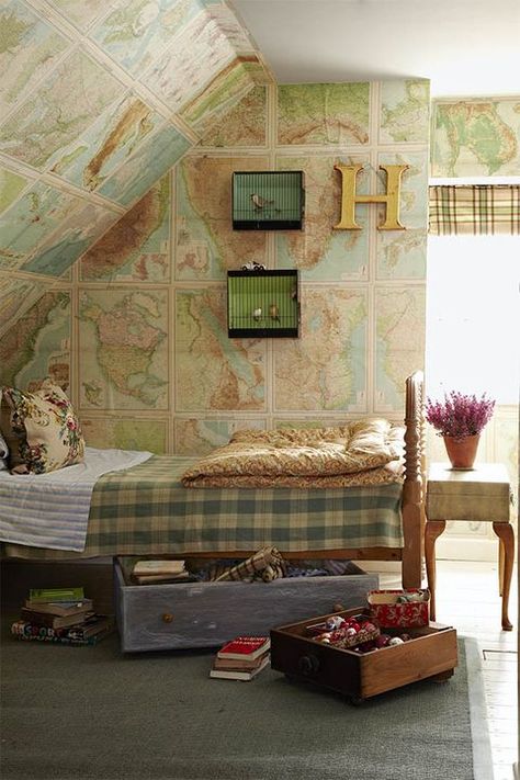 Atlas Wallpaper, Apartment Party, Sleeping Nook, Apartment Needs, Small Space Bedroom, Painted Drawers, Country Living Magazine, Bed Storage Drawers, Small Bedroom Designs