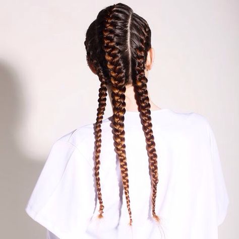 Three braid cornrow Three Cornrows Braids, Three Braids Hairstyle, Urban Apocalypse, Braid Cuffs Hairstyles, Editorial Braids, French Plaits, Three Braids, Runway Braid Hairstyles, Braid Editorial Hair