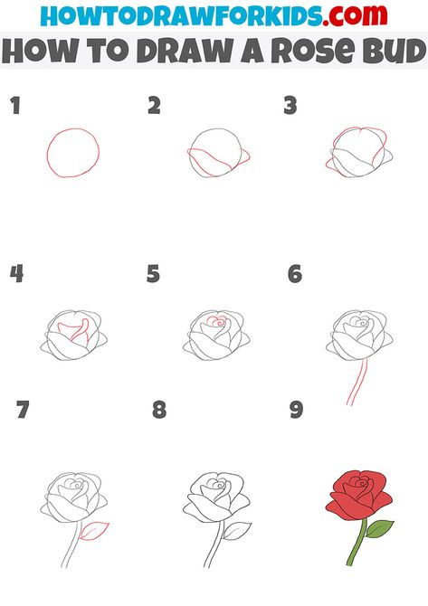 how to draw a rose bud step by step How To Draw Rose Petals, Easy Rose Drawing Step By Step, How To Draw Roses Easy, How To Draw A Rose Step By Step, Simple Flower Drawing Easy, How To Draw A Rose, Doodle Minimalist, Diy Flower Painting, Basic Drawing For Kids