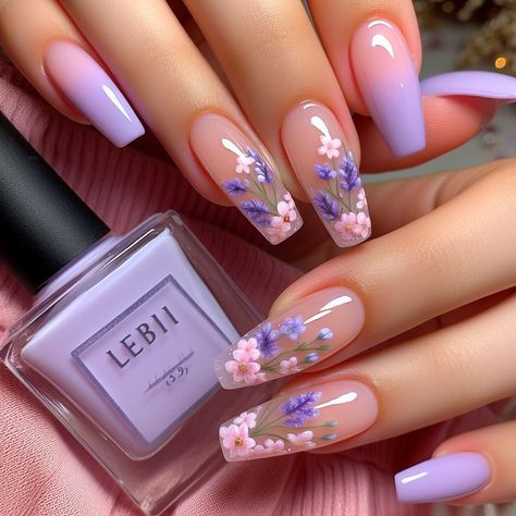 Cute Spring Nails Colors For 2024 You Have to Recreate Floral Nails Acrylic Coffin, Almond Acrylic Nails Flower Designs, Spring Nails 2024 Trends Flowers, Floral Gel Manicure, Purple Floral Nail Designs, Coffin Nails Designs Summer 2024, New Nail Designs 2024, Coffin Floral Nails, Cute Nail Ideas For Summer 2024