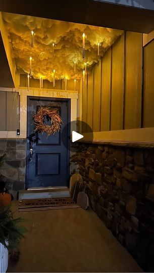 Harry Potter Halloween Decorations Outside, Halloween Cloud Ceiling, Harry Potter Porch Halloween, Harry Potter Halloween Front Porch, Harry Potter Inspired Halloween Decor, Harry Potter Ceiling Clouds, Harry Potter Cloud Ceiling, Harry Potter Porch Decor, Halloween Decor Ideas For The Home