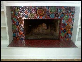 Glass Mosaic Fireplace by leannchristian, via Flickr.  Don't know who leannchristian is, but left the credit. Beautiful work. Fireplace Mosaic, Mosaic Fireplace, Fireplace Designs, Mixed Media Mosaic, Mosaic Madness, Glass Mosaics, Mosaic House, Tile Projects, Home Fireplace