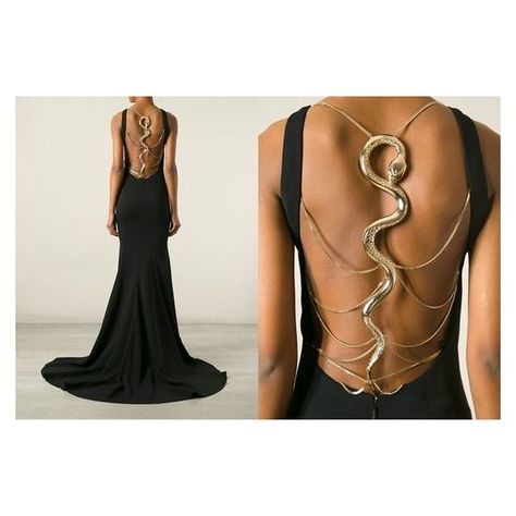 Cavalli snake-back gown | Fierce Fashion | Pinterest ❤ liked on Polyvore featuring roberto cavalli Snake Fashion, Medusa Costume, Snake Dress, Body Chains, Fantasy Book, Inspiration Fashion, Black Gown, Gala Dresses, Glam Dresses