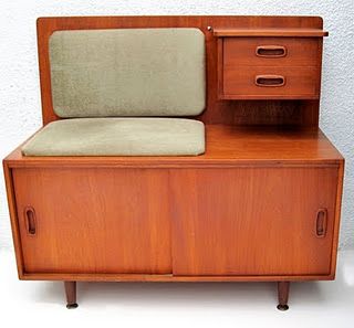 Danish Modern credenza.  Want! Entry Storage Bench, Bench Entrance, Waiting Bench, Vintage Telephone Table, Telephone Bench, Gossip Bench, Cable Spool, Mcm Furniture, G Plan