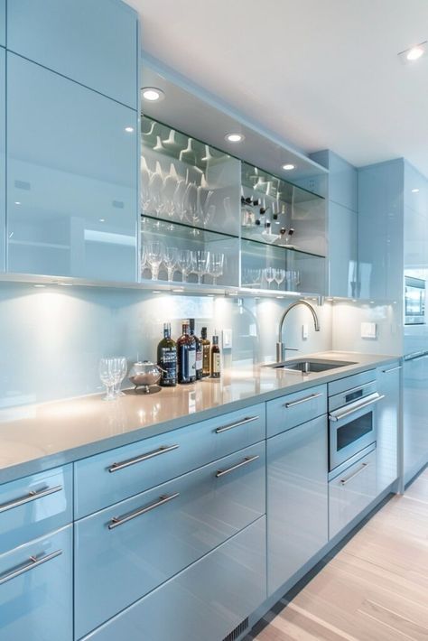 15 Light Blue Kitchen Ideas for a Fresh and Airy Look! - My Decor Inspo Light Blue Kitchen Walls, Light Blue Kitchen Ideas, Powder Blue Kitchen, Light Blue Kitchen Cabinets, Floor Kitchen Ideas, Polished Nickel Kitchen, White Kitchen Ideas Modern, Acrylic Kitchen Cabinets, Brick Floor Kitchen