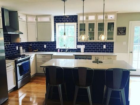 Cobalt Kitchen, Blue Backsplash Kitchen, Glass Subway Tile Backsplash, Countertop Concrete, Brick Backsplash Kitchen, Blue Backsplash, Brick Backsplash, Glass Subway Tile, Cobalt Glass