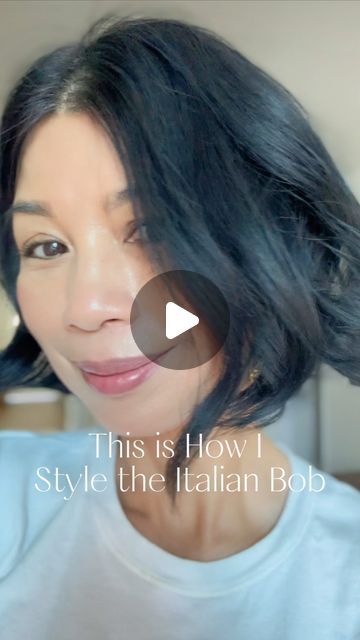 Janise Burrafato on Instagram: "Styling the Italian Bob with my unique twist - no bangs!😜💇🏻‍♀️  As much as I love my low maintenance bob I occasionally wear it differently and this is my current favorite style to amp up my look🥰  #haircut #hairtutorial #italianbob #frenchbob #asianhair #thinhair #haircareroutine #shortbobstyle" Bob Haircut 40 Year Old, Outfits With Bob Hairstyle, Italian 60s Bob, Italian Bob Fine Hair, How To Style Italian Bob, Kelsey Asbille Short Hair, Heavy Italian Bob, Italian Bob With Bangs, French Bob Styling