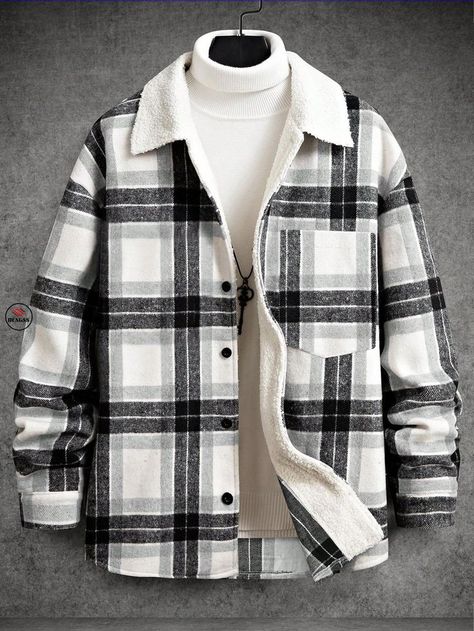 DENGSS Loose-Fit Men's Plaid Woolen Overcoat With Thermal Lining Mens Jackets Fashion Stylish Men, Shackets For Men, Stylish Jackets For Men, Flannel Jacket Men, Mens Flannel Jacket, Flannel Outfits Men, Plaid Overcoat, Man's Overcoat, Men Outerwear