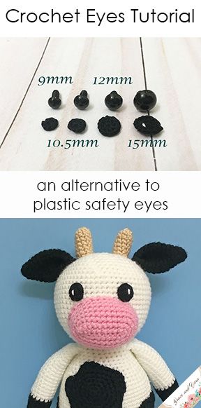 Full tutorial for making crochet eyes as an alternative to plastic safety eyes, instructions for 4 different sizes! Weird Crochet, Gato Crochet, Eyes Tutorial, Chat Crochet, Amigurumi Cow, Toys Ideas, Crochet Eyes, Stuffed Dolls, Diy Bebe