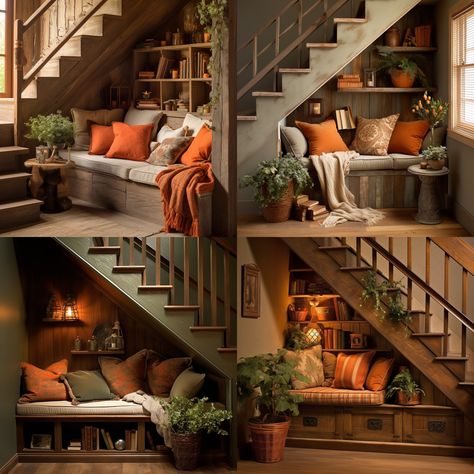 Staircase Reading Nook, Couch Under Stairs, Stairs With Bookshelves, Cozy Stairway, Nook Under Stairs Ideas, Staircase Nook Ideas, Sofa Under Stairs, Under Stairs Book Nook, Library Under Stairs