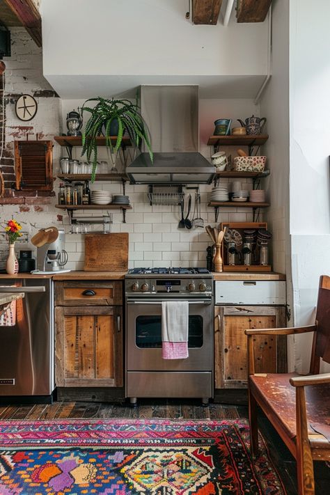 30 Unique Decor Ideas for an Eccentric Kitchen - Days Inspired Bright Kitchen Aesthetic, Kitchen Inspo Colorful, Nyc Kitchen Ideas, Vintage Maximalist Kitchen, Corner Of Kitchen Counter Ideas, Eclectic Pantry, Thrifted Kitchen Decor, Small Space Kitchen Ideas, Creative Kitchen Cabinets